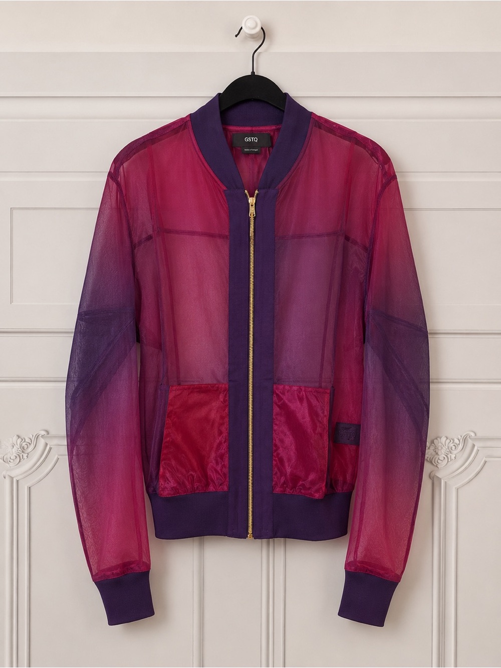 G-STQ Purple-Pink Sheer Ombre Bomber Jacket in Sunset